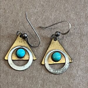 VINTAGE COPPER AND SILVERTONE W TURQUOISE , deco Mexican pierced 925